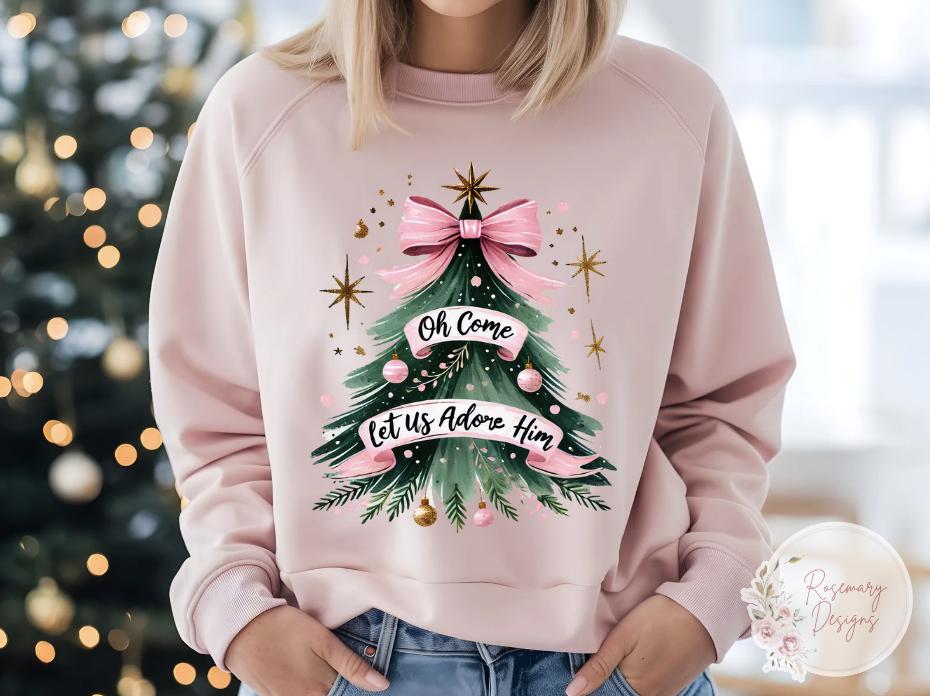 Oh Come Let us Adore Him Christmas Tree Shirt- Religious- Holiday- Graphic Tee- Sweatshirt
