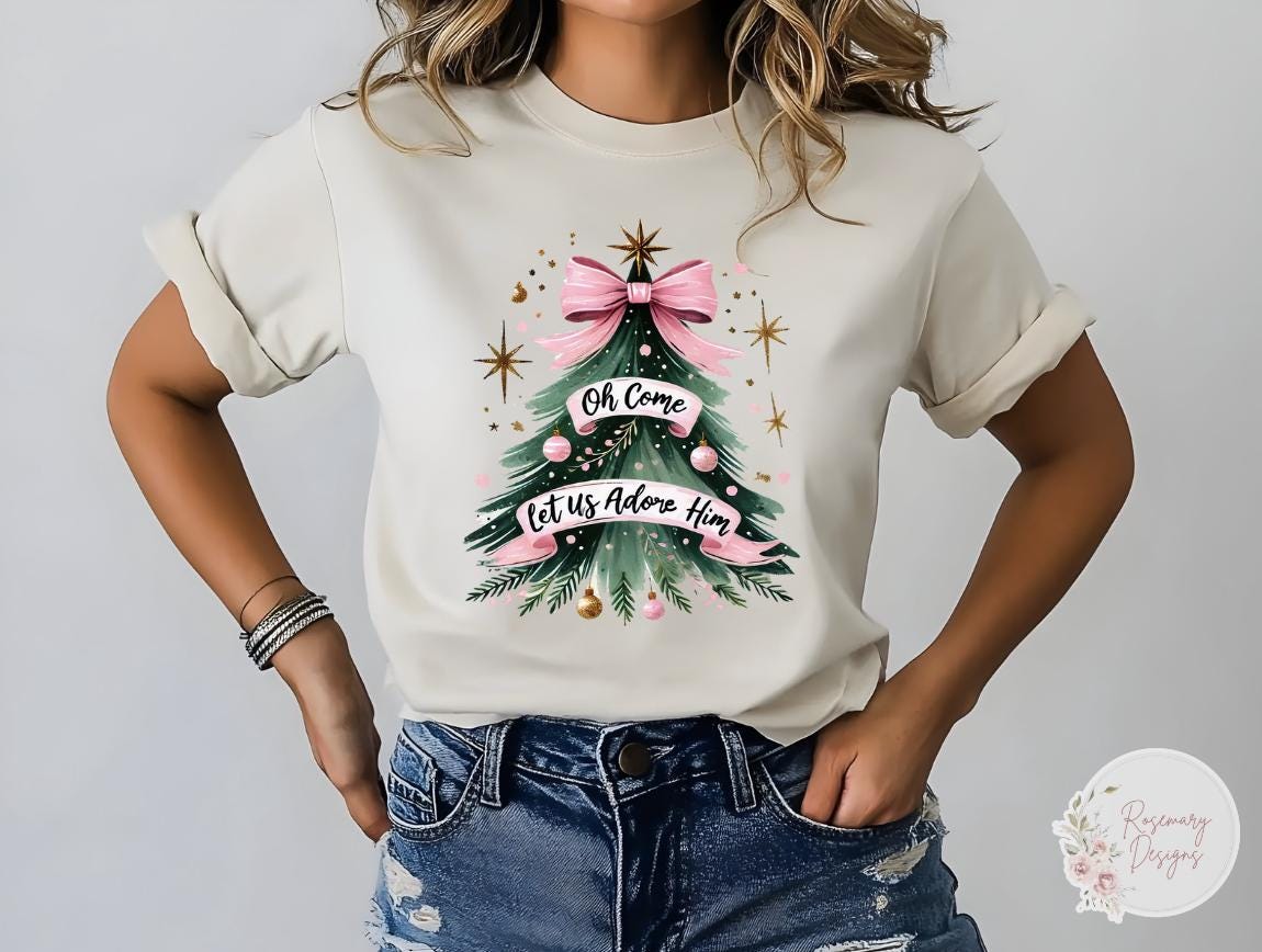Oh Come Let us Adore Him Christmas Tree Shirt- Religious- Holiday- Graphic Tee- Sweatshirt