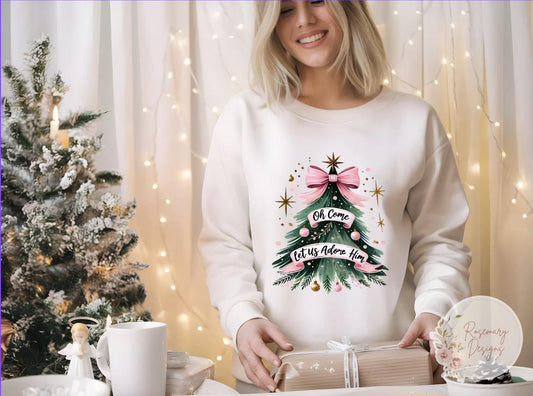 Oh Come Let us Adore Him Christmas Tree Shirt- Religious- Holiday- Graphic Tee- Sweatshirt