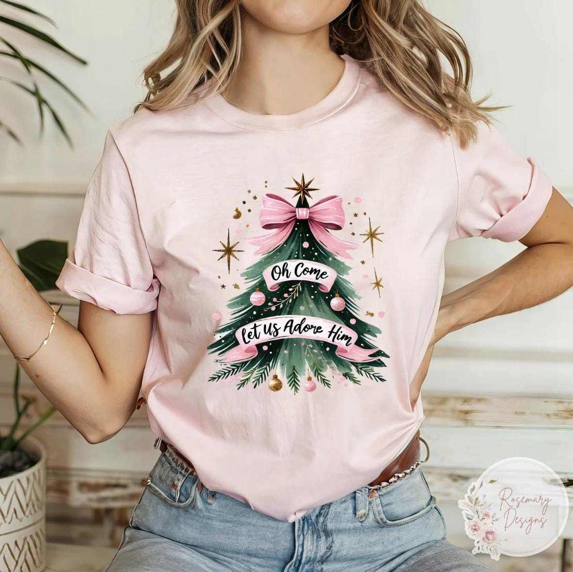 Oh Come Let us Adore Him Christmas Tree Shirt- Religious- Holiday- Graphic Tee- Sweatshirt